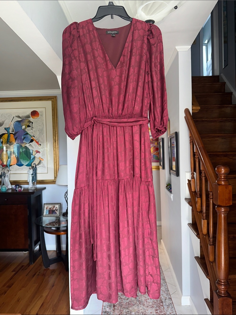 Banana Republic Women's Raspberry Red V-Neck Long Sleeve Tiered Midi Dress Sz S